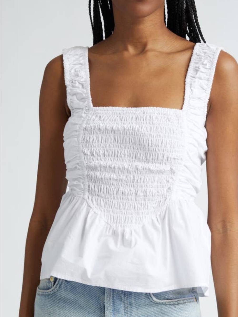 Ganni White Smocked Square-Neck Tank Top